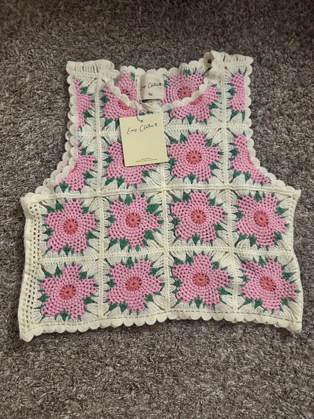 Evy Crochet Floral Square Crop Top in Pink and Cream